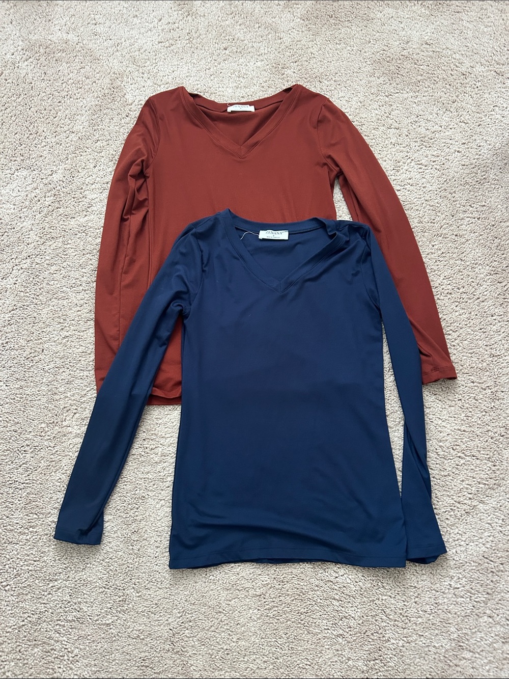 Zenana Two V-Neck Long Sleeve Tops — Navy & Rust
